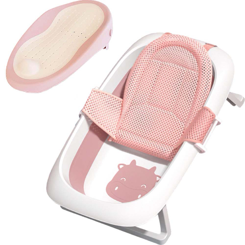 메리본 아기 접이식 욕조 + 목욕 그물 + 접이식 목욕 등받이 의자 세트, Haze Pink(욕조), Pink(목욕 그물), Pink(등받이 의자)