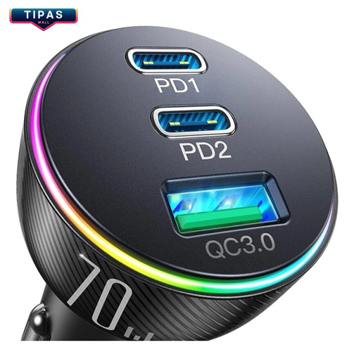 [티파스] 차량용 3포트 초고속 시거잭 충전기 C타입 70W PD3.0/QC3.0